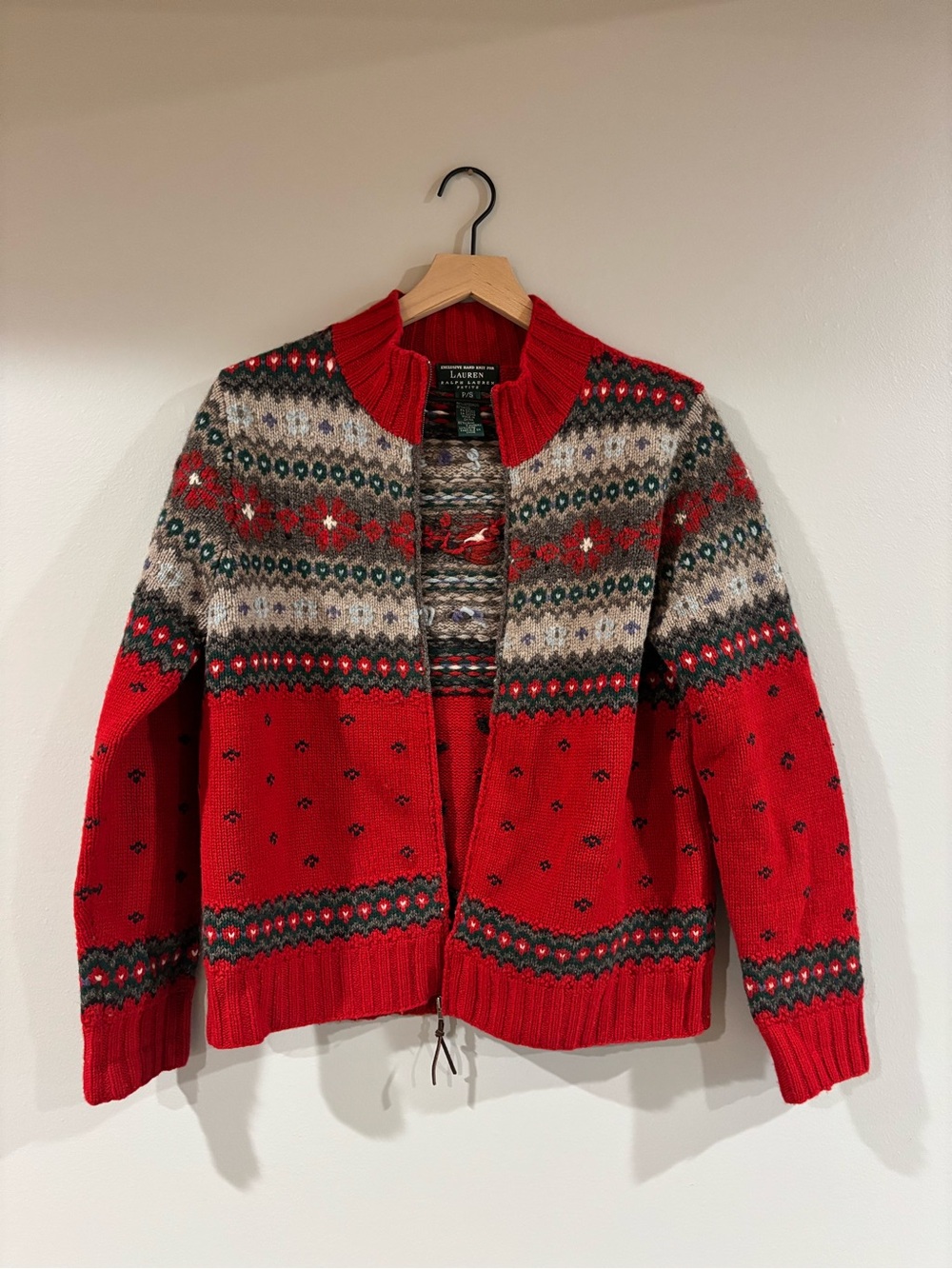 Lauren Ralph Lauren Hand Knit Lambswool Fair Isle Zip Cardigan Sweater SMALL